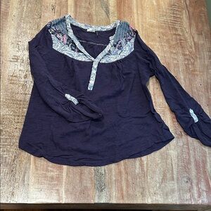 Anthro x Akemi + Kin Caroline Indigo Long-Sleeve Henley with Patterned Details